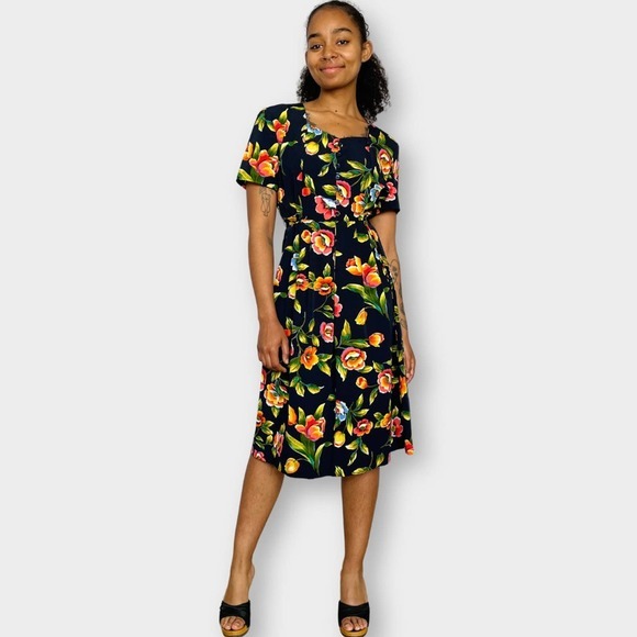 90s Kathie Lee Navy Floral Midi Dress‎ - Picture 1 of 5